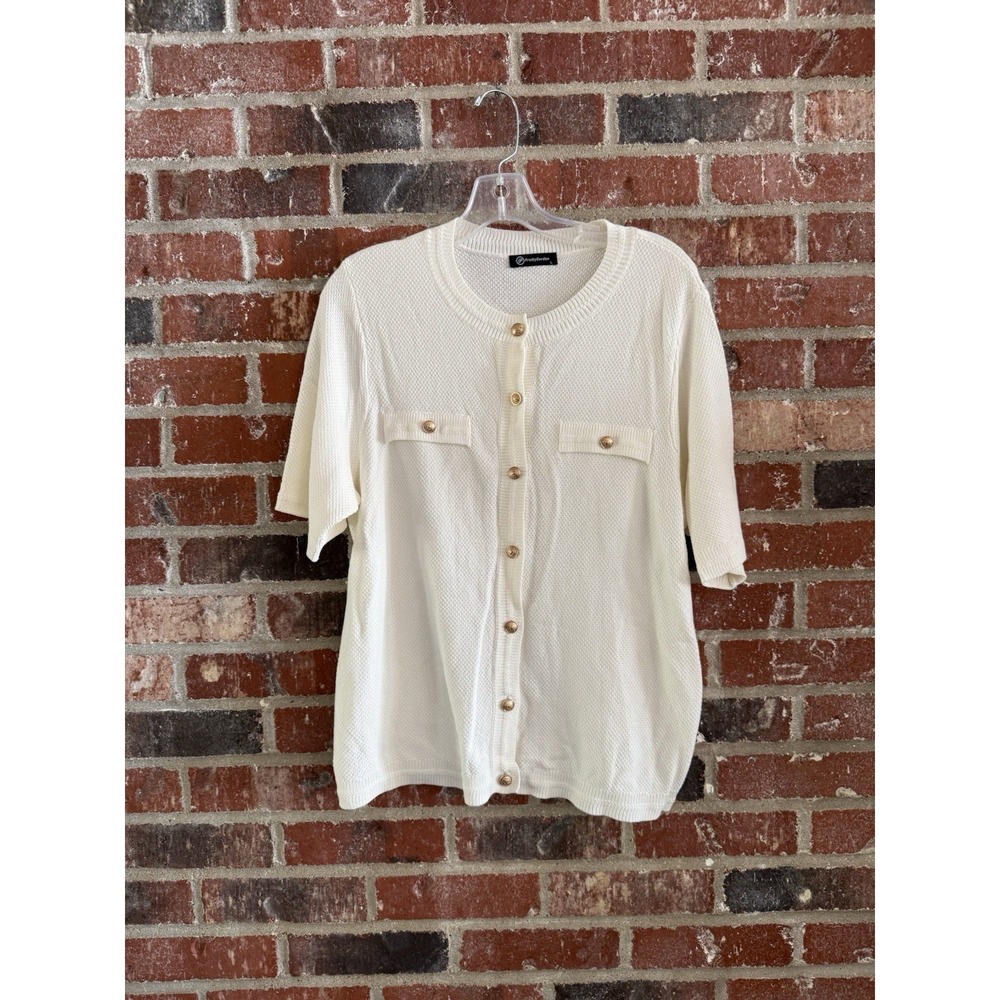 Womens White Pretty Garden Shirt Button Down Short Sleeve Viscose Blend Size L